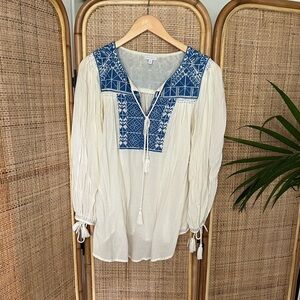 Star Mela Boho Gauzy Blue Embroidered Tie Sleeve Blouse